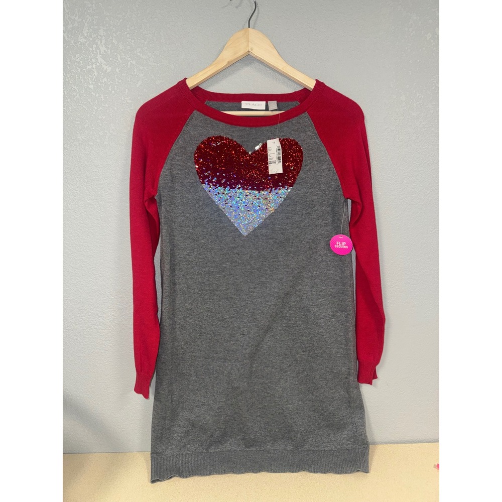 The Childrens Place Girls Red Gray Heart Sequin Sweater Dress Tunic XXL 16‎ NWT